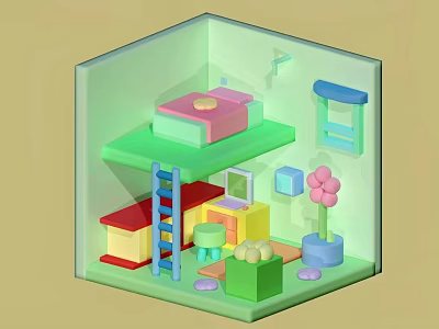 Cartoon Room Interior With Bunk Bed Ladder Blue Shelf Pink Flower And Colorful Blocks 3d model