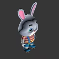 Cute Cartoon Rabbit With Gray Body Pink Ears Blue Eyes Striped Shirt And Blue Overalls