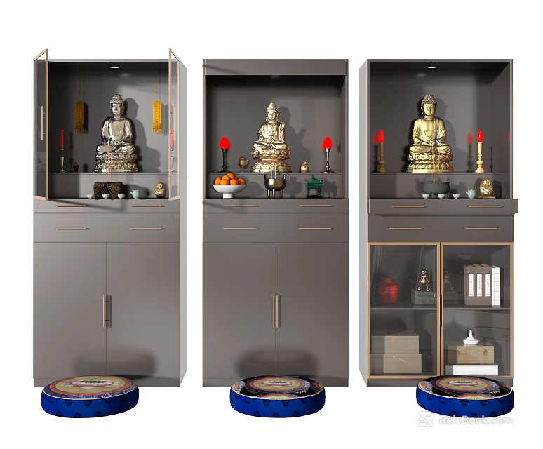 Modern Gray Buddhist Shrine Cabinet With Buddha Statues Candles Drawers And Glass Doors 3d model 