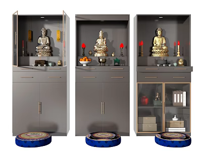 Modern Gray Buddhist Shrine Cabinet With Buddha Statues Candles Drawers And Glass Doors 3d model