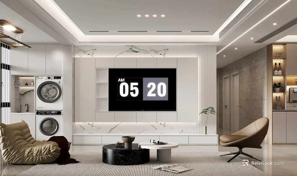 Modern Living Room Featuring TV Wall Marble Accents White Cabinets Brown Sofa And Washing Machines 3d model 