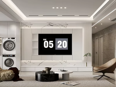 Modern Living Room Featuring TV Wall Marble Accents White Cabinets Brown Sofa And Washing Machines 3d model