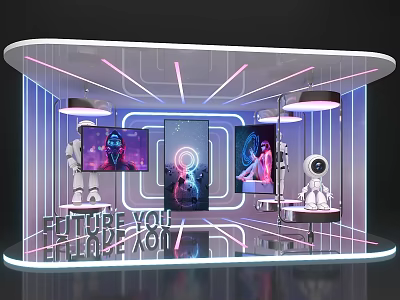 Future You Themed Interactive Booth With Digital Screens Robot Figures And Neon Lights 3d model