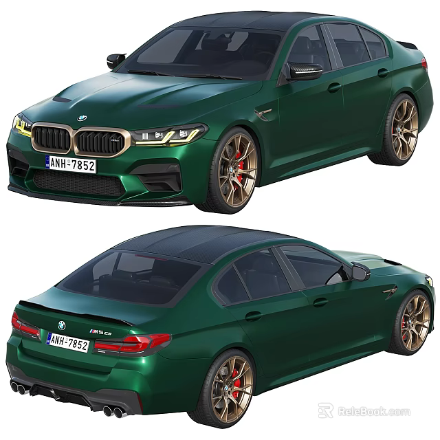 Green BMW M5 Sedan with Gold Alloy Wheels Red Calipers and Sporty Exterior Design 3d model 