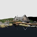 Detached Villa in Forest with Pond Small Boat Triangular Roof Glass Walls and Wooden Walkway
