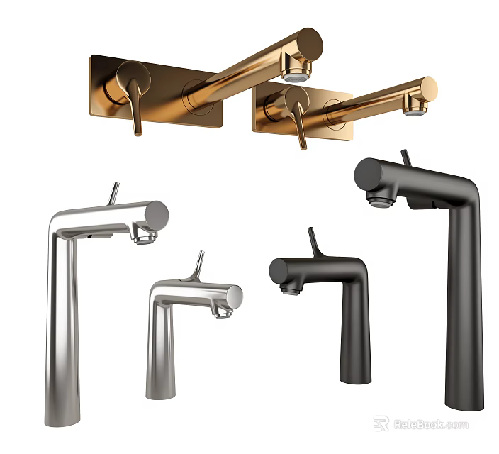 Contemporary Bathroom Faucets With Metallic Finishes And Diverse Mounting Styles Including Wall And Deck Mounted Designs 3d model 