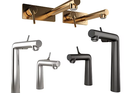 Contemporary Bathroom Faucets With Metallic Finishes And Diverse Mounting Styles Including Wall And Deck Mounted Designs 3d model