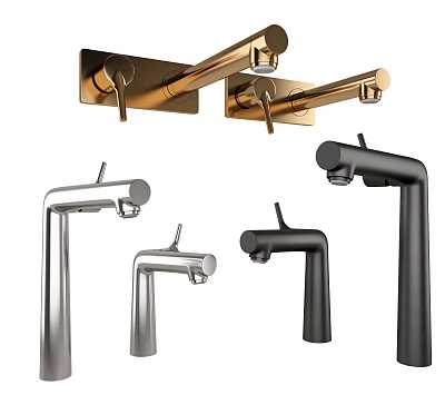 Contemporary Bathroom Faucets With Metallic Finishes And Diverse Mounting Styles Including Wall And Deck Mounted Designs 3d model