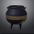 Decorative Blue Ceramic Pot With Gold Stripe Black Legs And Two Handles