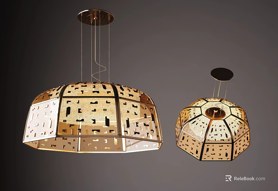 Stylish Chandeliers Featuring Intricate Cutout Wooden Shades Gold Base And Warm Light 3d model 