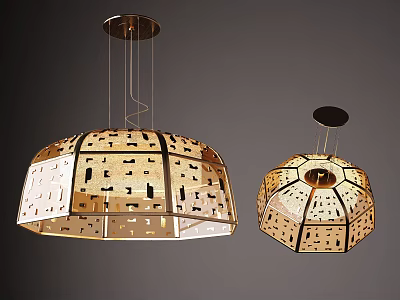 Stylish Chandeliers Featuring Intricate Cutout Wooden Shades Gold Base And Warm Light 3d model