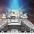 Cartoon Scene Of Futuristic Building With Blue Beam Over Water Surface And Planet