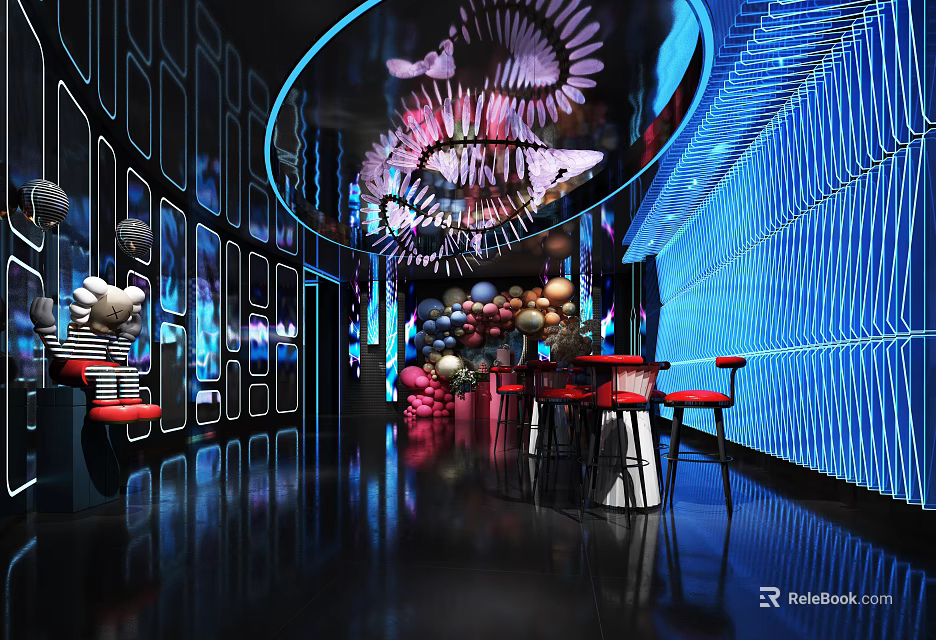 Modern Hotel Public Lounge Area With Neon Lighting Spiral Decorations Red Furniture And Black Flooring 3d model 