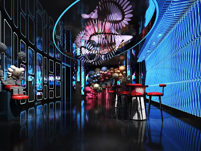 Modern Hotel Public Lounge Area With Neon Lighting Spiral Decorations Red Furniture And Black Flooring 3d model