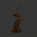 Dry Tree With Twisted Branches Exposed Roots And Textured Trunk On Dark Background 3d model