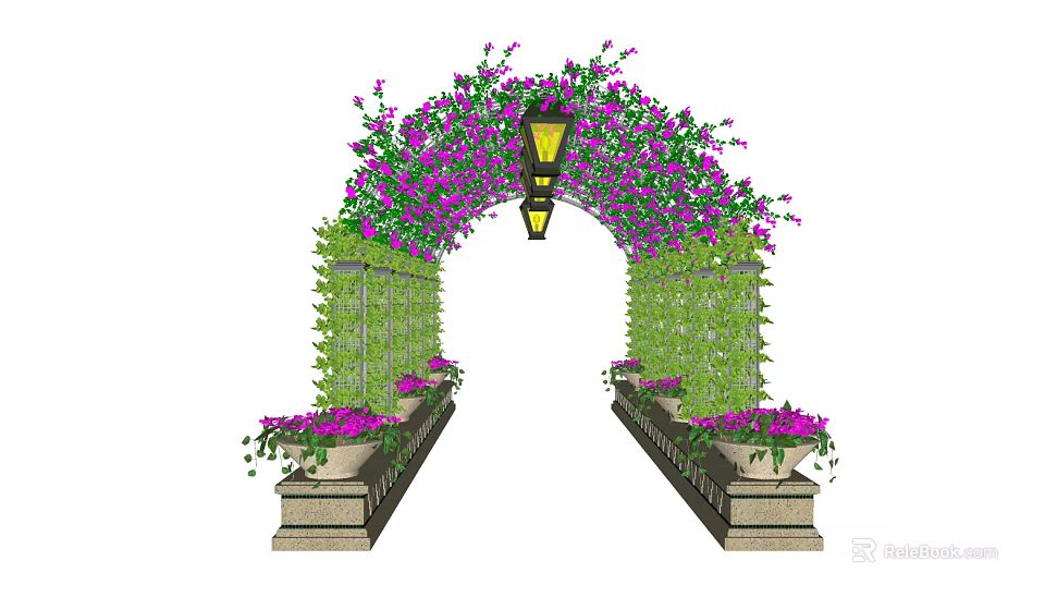 Beautiful Pergola Adorned With Purple Flowers Hanging Lanterns Green Vines And Flower Pots 3d model 