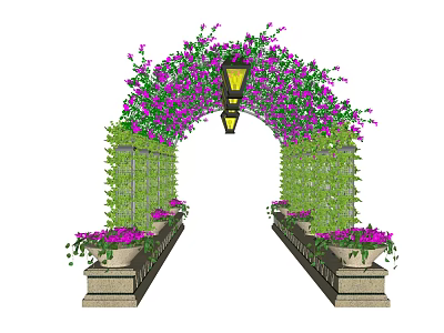 Beautiful Pergola Adorned With Purple Flowers Hanging Lanterns Green Vines And Flower Pots 3d model