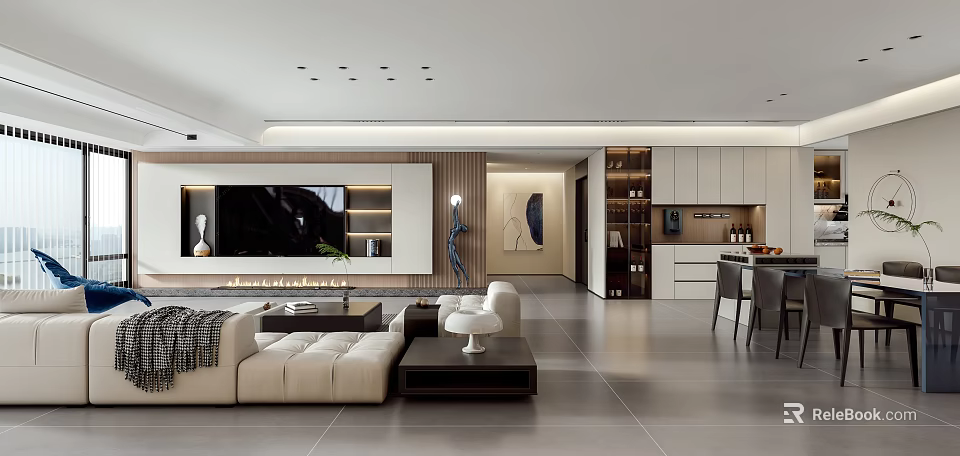 Modern Living Dining Area Interior With Sofa Coffee Table TV Feature Wall And Dining Table 3d model 