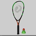 Sports Equipment Featuring Green Orange Framed Tennis Racket With Black Handle And Green Shuttlecock