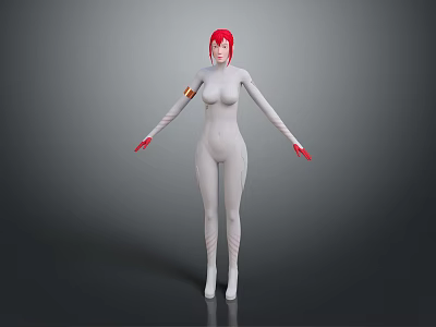 Futuristic Female 3D Character With Red Hair In White Bodysuit And Mechanical Arm 3d model