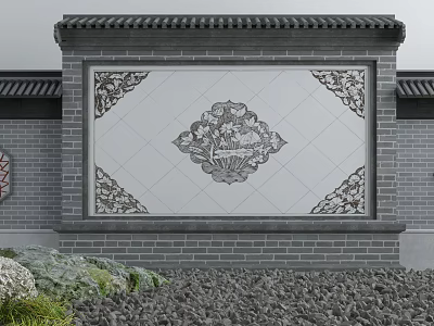 Traditional Chinese Feature Wall Gray Brick Roof White Tiled Surface Intricate Floral Carvings Green Plants 3d model