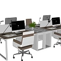 Modern Office Desk with Partitioned Workstations Desktop Computers Ergonomic Chairs and Green Potted Plant