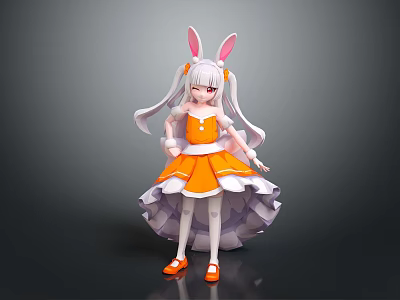 Anime Style Girl Character With Rabbit Ears In Orange Dress And White Hair 3d model