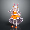 Anime Style Girl Character With Rabbit Ears In Orange Dress And White Hair