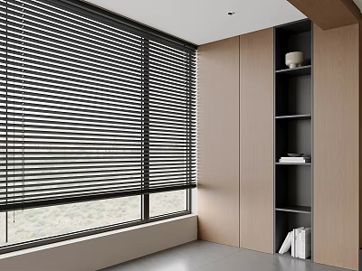 Modern Interior With Black Window Blinds Wooden Shelves And Decor Items 3d model