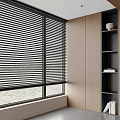 Modern Interior With Black Window Blinds Wooden Shelves And Decor Items