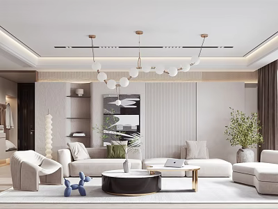 Modern Living Room Interior With Sofa Coffee Table Chandelier Decorative Painting And Green Plant 3d model