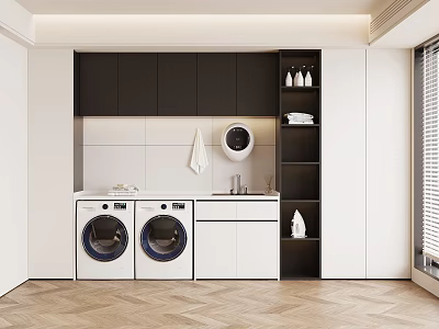 Modern Laundry Room With Two Washing Machines White Countertop And Black Cabinets 3d model