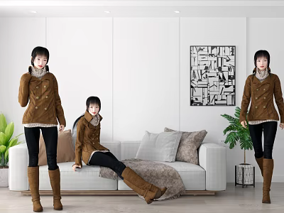 Women in Brown Coats Posing in Living Room With Gray Sofa Green Plant and Abstract Art 3d model
