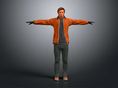 Man In Orange Jacket With Black Gloves Standing With Arms Outstretched On Gray Background 3d model