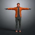 Man In Orange Jacket With Black Gloves Standing With Arms Outstretched On Gray Background