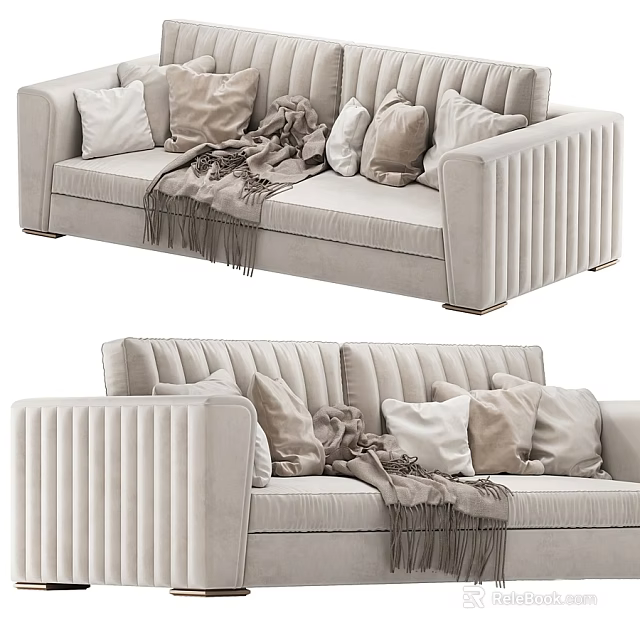 Two Seater Sofa With Light Beige Velvet Ribbed Design Pillows And Throw Blanket 3d model 