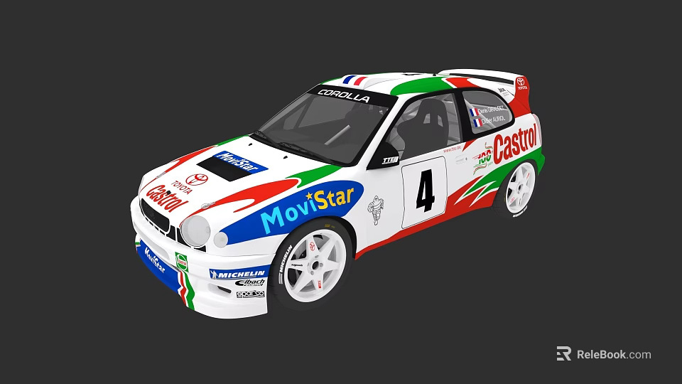 White Rally Car With Movistar Castrol Coralia Sponsors Number 4 And Green Red Blue Stripes 3d model 