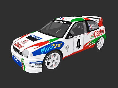 White Rally Car With Movistar Castrol Coralia Sponsors Number 4 And Green Red Blue Stripes 3d model