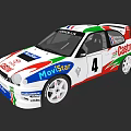 White Rally Car With Movistar Castrol Coralia Sponsors Number 4 And Green Red Blue Stripes