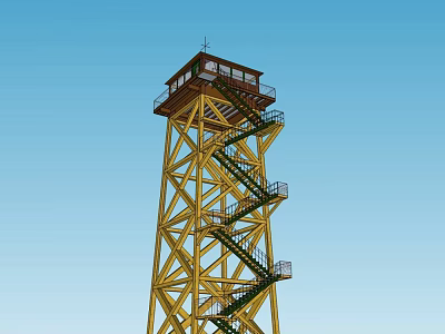 Yellow Metal Tower With Spiral Staircase And Top Cabin Against Blue Sky 3d model
