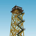 Yellow Metal Tower With Spiral Staircase And Top Cabin Against Blue Sky