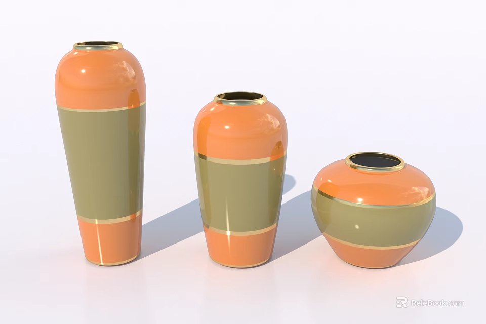 Three Ceramic Vessels With Orange Green And Gold Trim For Home Decor 3d model 