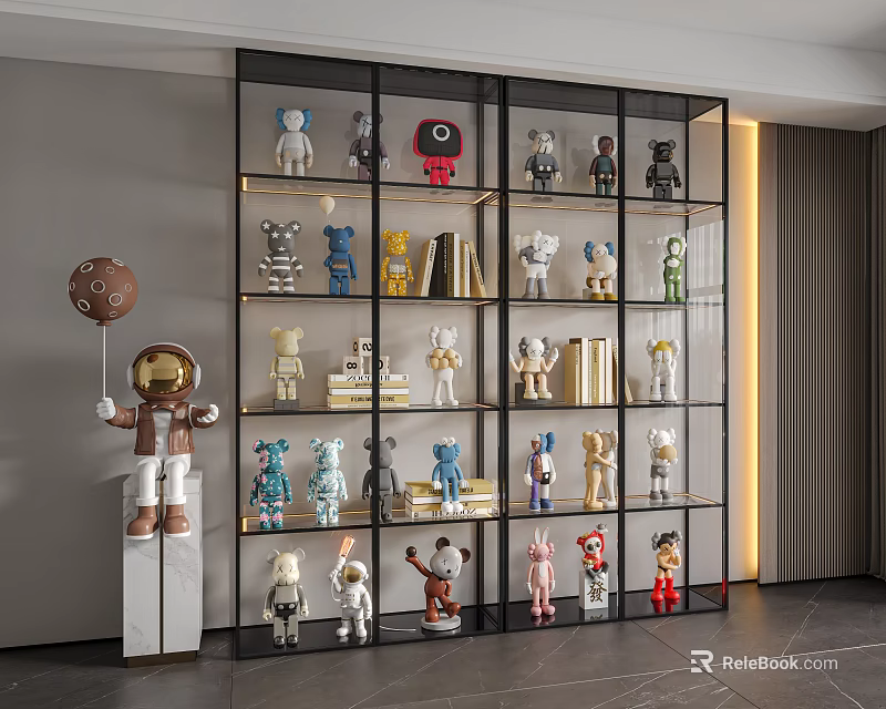 Collectible Dolls Showcased On Modern Glass Shelf With Astronaut Bear And Robot Designs 3d model 