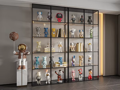 Collectible Dolls Showcased On Modern Glass Shelf With Astronaut Bear And Robot Designs 3d model