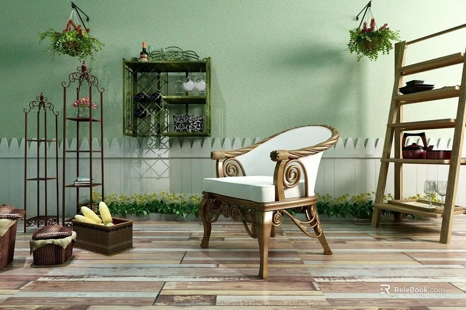 Rattan Single Sofa With White Cushion Light Green Wall Hanging Plants And Wooden Floor 3d model 