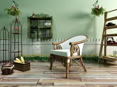Rattan Single Sofa With White Cushion Light Green Wall Hanging Plants And Wooden Floor 3d model