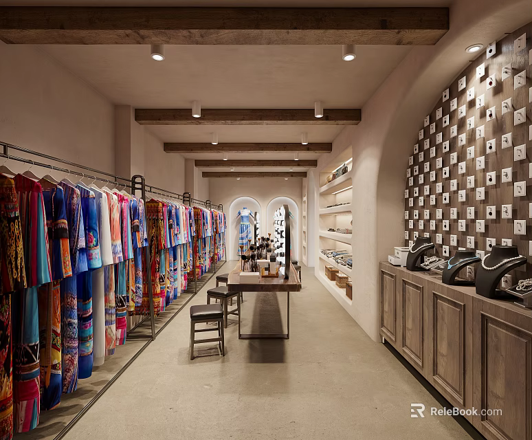 Clothing Store Interior With Racks Of Colorful Clothes Display Area And Cashier Counter 3d model 