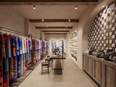 Clothing Store Interior With Racks Of Colorful Clothes Display Area And Cashier Counter 3d model