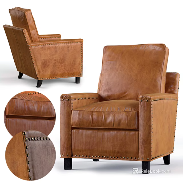Brown Leather Single Sofa With Stud Details And Black Legs Design 3d model