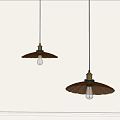 Two Retro Pendant Lights With Brown Fan Shaped Shades Golden Bases And Yellow Bulbs